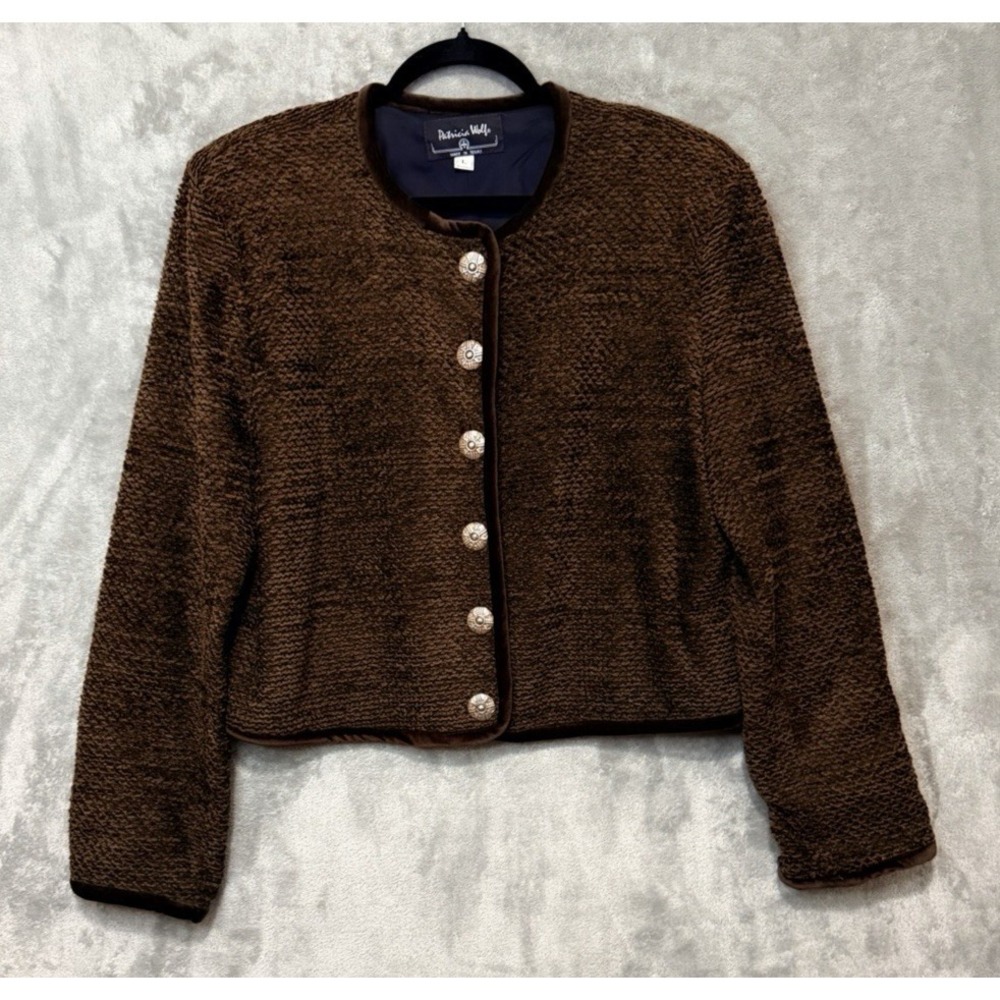 Patricia Wolf‎  CHENILLE JACKET Blazer Large Brown Velvet Silver Western